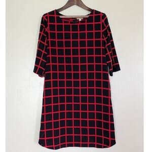 Gap Shift Dress Womens Small Black Red‎ Window Pain Grid Pattern 3/4 Sleeve Midi